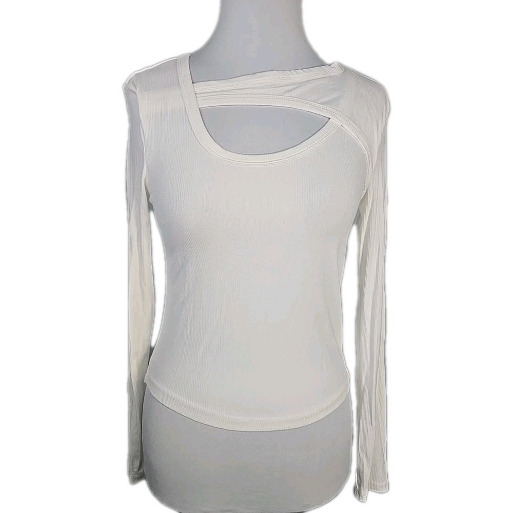 White Ribbed Stretch Rayon Crop Top Keyhole‎ Front Long Sleeve Medium M